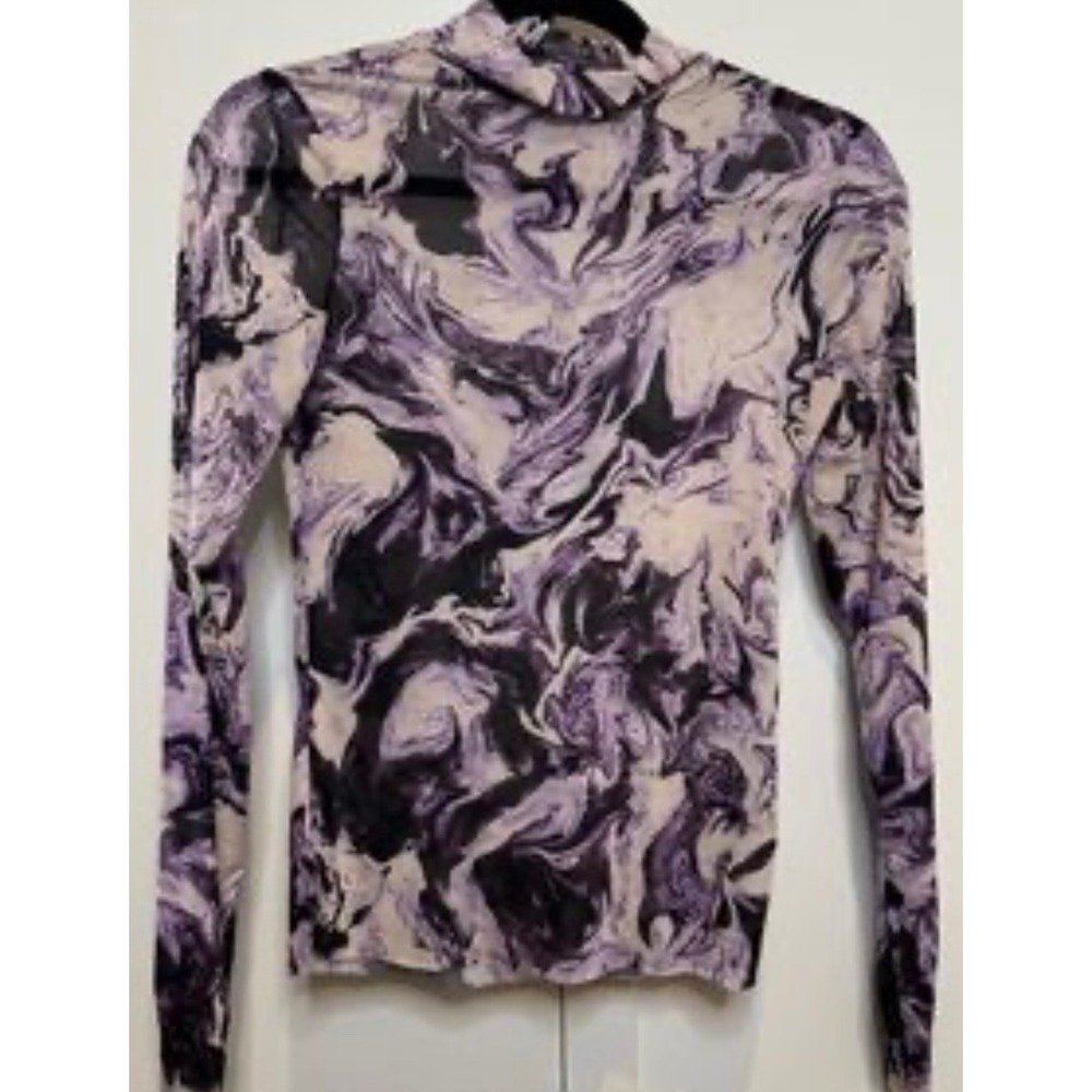 AFRM Marble Print Mock Neck Long‎ Sleeve Top Sheer Mesh Purple Black XS